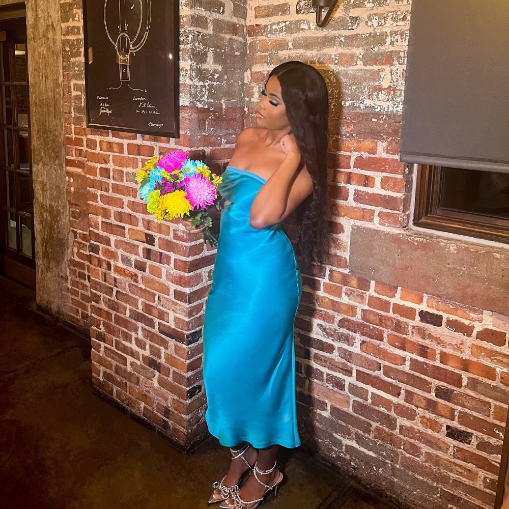 Meshki TYLER Strapless Satin Midi Dress - Cyan Blue